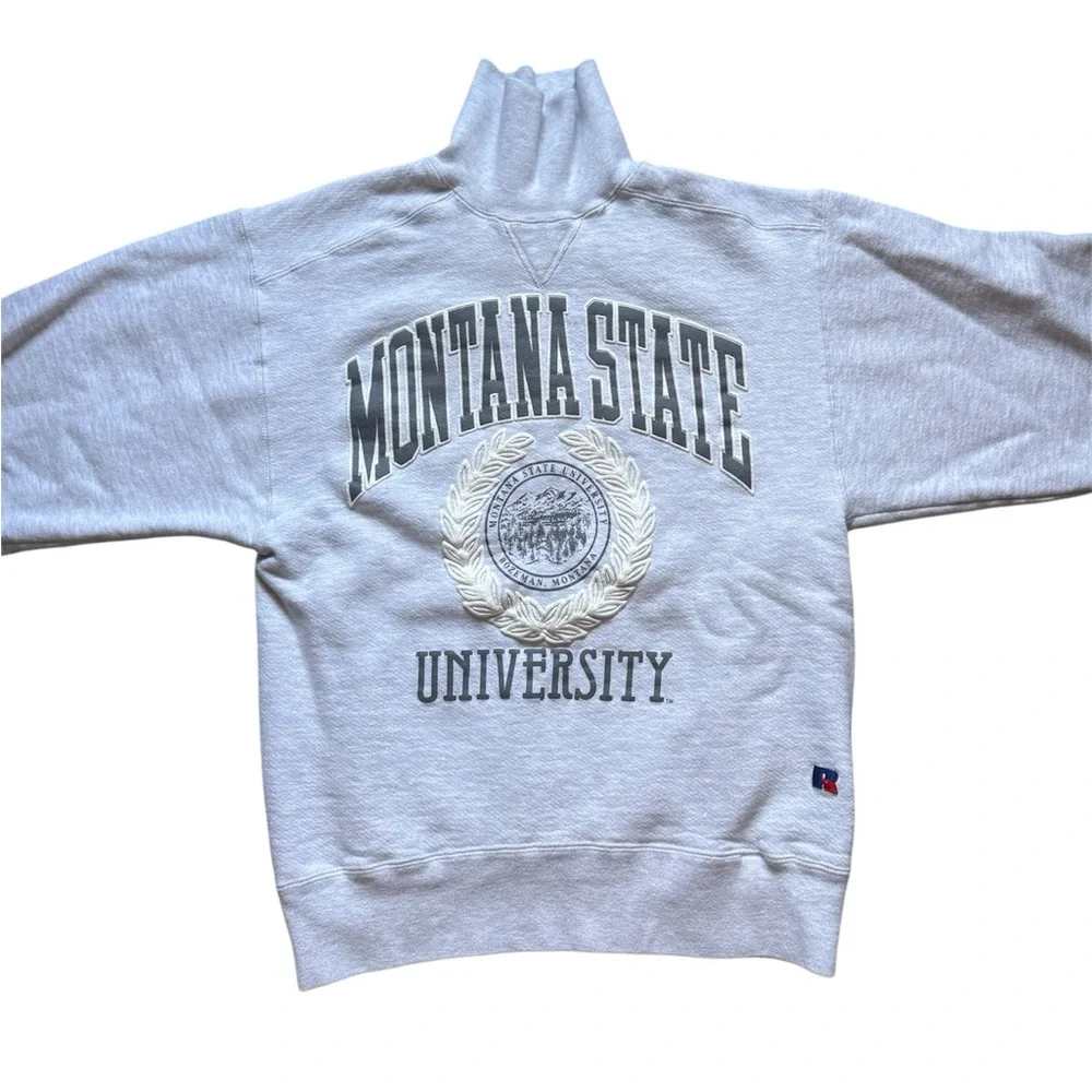 RARE VINTAGE MONTANA STATE UNIVERSITY Russell Athletic Gray HIGH Neck Sweatshirt - Picture 2 of 4